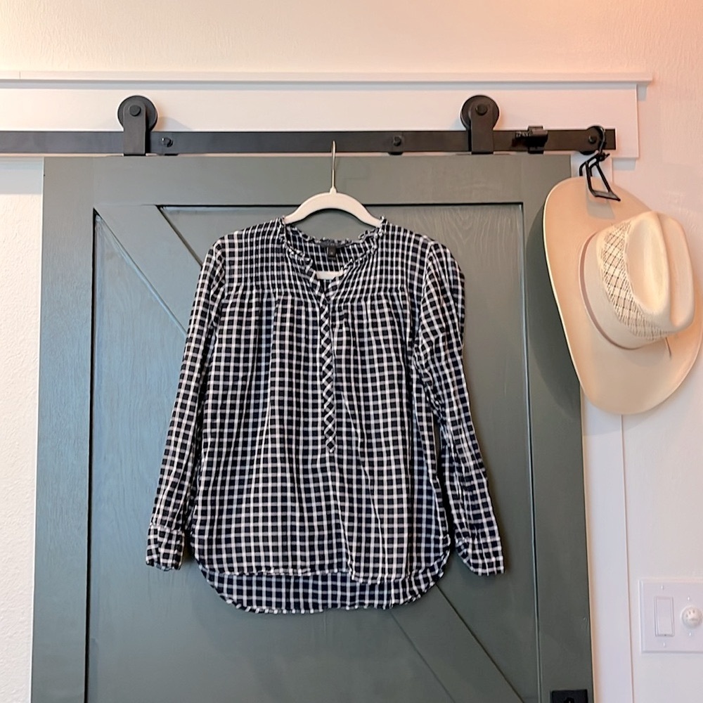 J Crew Ruffle classic popover shirt in mini windowpane